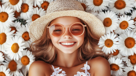 A graceful woman in a straw hat and sunglasses relaxes among blooming daisies in a sunlit field, embodying tranquility and elegance.の素材