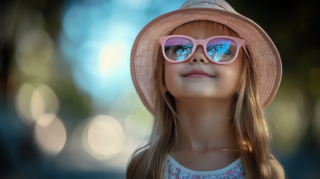 A young girl with an afro hairstyle, adorned in a pink hat and sunglasses, gazes upward against a bright background.の素材