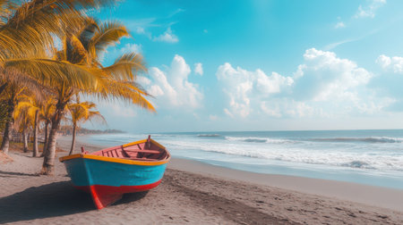 A serene beach scene featuring a boat resting on the sand, framed by swaying palm trees under a clear sky.の素材
