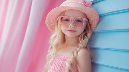 A cheerful blond girl wearing pink glasses and a pink hat leans casually against a vibrant blue wall, showcasing a playful and stylish vibe.の素材