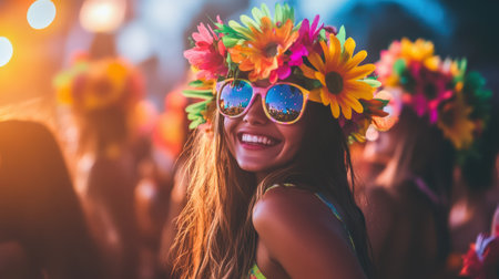 A carefree woman adorned with a vibrant flower crown and stylish sunglasses enjoys a lively festival atmosphere.の素材