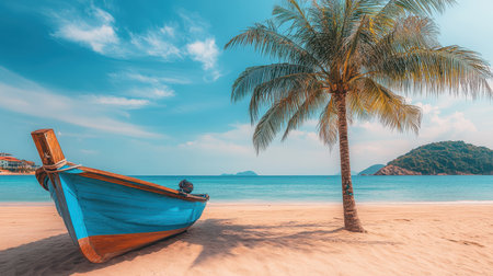 A serene beach scene featuring a vibrant boat resting on the sand, accompanied by a lush palm tree swaying gently in the breeze.の素材