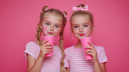 Two young girls joyfully hold pink cups adorned with bows, embodying innocence and playfulness in their cheerful expressions and vibrant attire.の素材