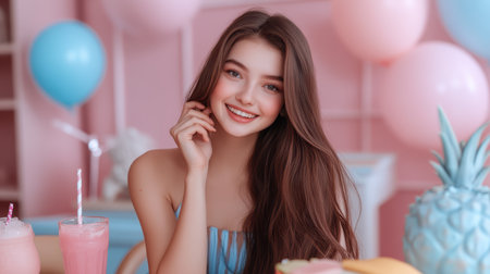 A girl with long brown hair enjoys a pink drink while seated at a table, creating a relaxed and inviting atmosphere.の素材