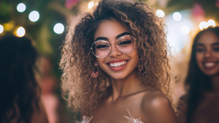 A cheerful woman with glasses beams at the camera, exuding warmth and friendliness in her captivating smile.の素材