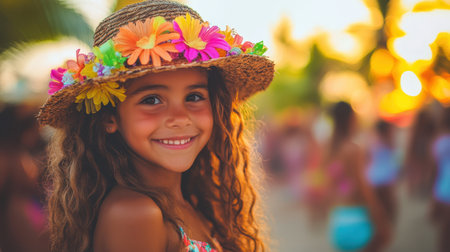A young girl wearing a straw hat adorned with colorful flowers, showcasing a cheerful and vibrant summer vibe in a sunny outdoor setting.の素材