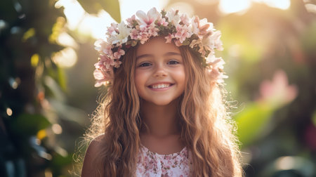 A cheerful girl adorned with a floral crown beams with joy, embodying beauty and nature in a vibrant display of happiness.の素材