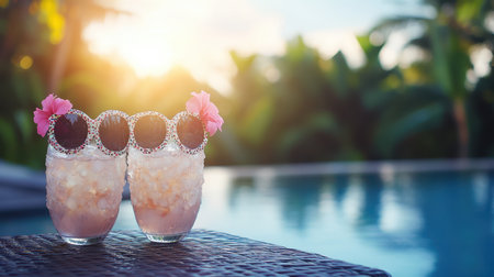 Two glasses filled with refreshing drinks, garnished with fresh strawberries, create a vibrant and inviting presentation perfect for summer enjoyment.の素材