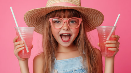 A girl wearing a straw hat and glasses is joyfully holding two colorful plastic cups, embodying a vibrant summer spirit.の素材