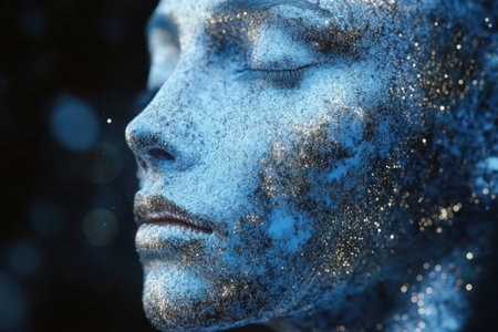 Arafed woman adorned with blue glitter on her face and eyes, showcasing a vibrant and artistic expression of beauty and culture.の素材