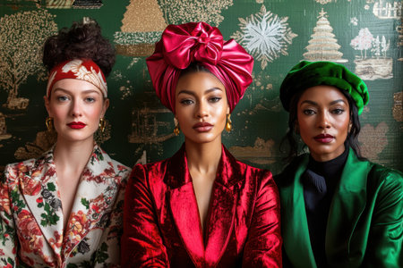 Three women in vibrant outfits strike a pose together, showcasing their unique styles and colors against a lively backdrop.の素材