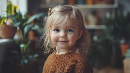 A cheerful little girl smiles brightly while gazing directly at the camera, radiating joy and innocence in her expression.の素材