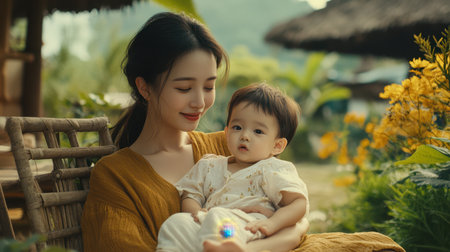 A woman gently cradles a baby in her lap, showcasing a tender moment of care and connection between mother and child.の素材