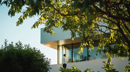 A man stands outside a building, with a tree nearby, showcasing a blend of urban architecture and natural elements in a serene setting.の素材