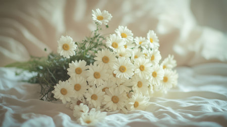 A vibrant bouquet of daisies rests elegantly on a pristine white sheet, creating a serene and fresh atmosphere in the setting.の素材