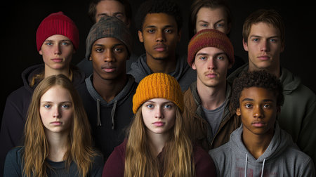 A diverse group of young individuals smiling together in a studio setting, showcasing friendship and camaraderie in a vibrant atmosphere.の素材