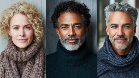 Three individuals exhibit diverse facial expressions while posing together for a photograph, showcasing a range of emotions and personalities.の素材