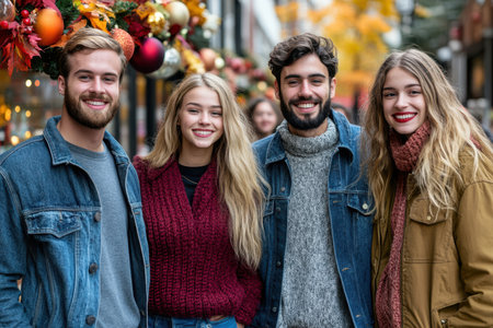 A cheerful group of friends gathers joyfully in front of a beautifully decorated Christmas tree, capturing the spirit of celebration and togetherness.の素材