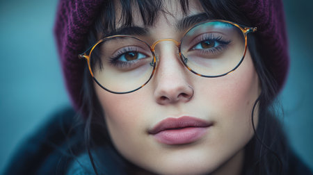 A thoughtful woman with glasses wearing a vibrant purple hat, showcasing her unique style and personality in a warm, inviting setting.の素材