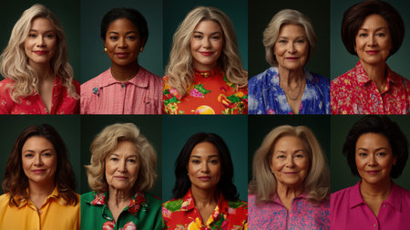 A vibrant image showcasing a diverse group of women wearing shirts in various colors, celebrating unity and individuality.の素材