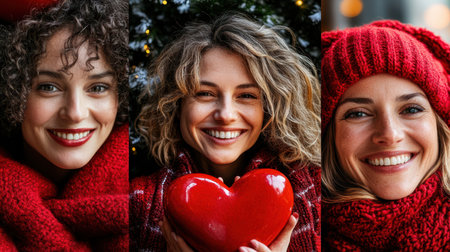 Three women wear red hats and scarves while joyfully holding a vibrant red heart, symbolizing love and unity in a festive atmosphere.の素材