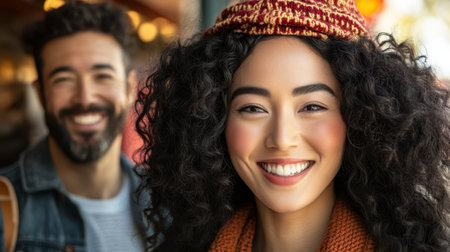 A cheerful woman with curly hair smiles alongside a bearded man wearing a hat, capturing a joyful moment together.の素材