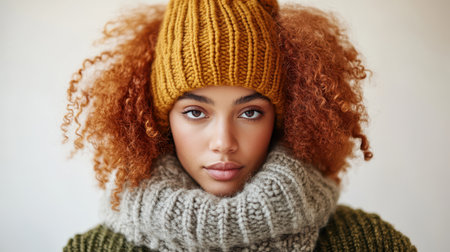 A woman wearing a stylish scarf and a warm hat, exuding elegance and charm, stands poised against a soft background.の素材