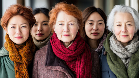 A woman with red hair and a scarf stands confidently, surrounded by a diverse group of women, highlighting unity and cultural expression.の素材