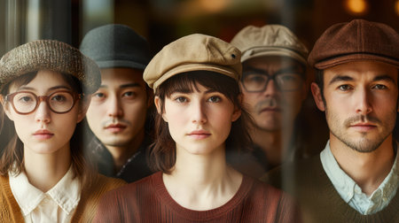 A diverse group of individuals stands together, all wearing a variety of hats, showcasing unity and style in a lively outdoor setting.の素材