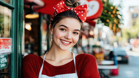 A cheerful woman wearing a red and white apron poses proudly in front of a store, exuding warmth and friendliness.の素材