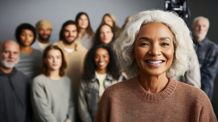 A cheerful woman stands in front of a diverse group, radiating positivity and connection among friends or colleagues in a lively setting.の素材