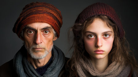 Two individuals are adorned with hats and scarves, showcasing a stylish winter look amidst a chilly backdrop.の素材