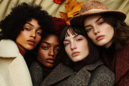 Three women wearing stylish coats and hats smile together, posing for a cheerful photograph in a vibrant outdoor setting.の素材