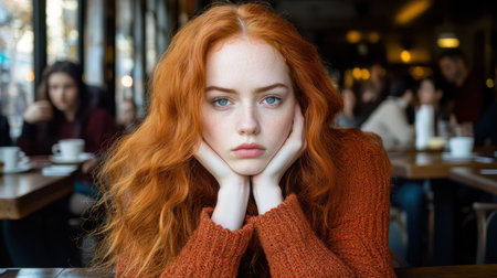 A redhead woman with blue eyes is seated at a table in a restaurant, exuding elegance and charm in her surroundings.の素材