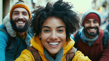 A joyful woman with afro hair smiles alongside two men dressed warmly in winter attire, embodying friendship and seasonal cheer.の素材
