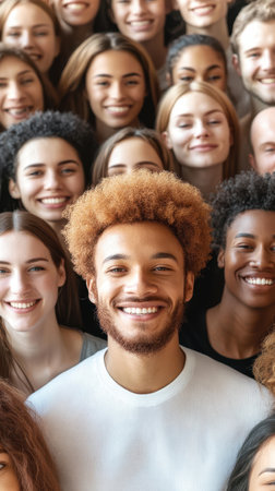 A cheerful man stands at the center, surrounded by diverse individuals of various ages, showcasing a moment of joy and connection among the group.の素材