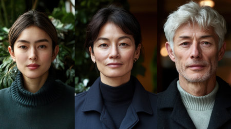 Three individuals smile together for a photo, framed by vibrant greenery in a lush environment, capturing a joyful moment of togetherness.の素材
