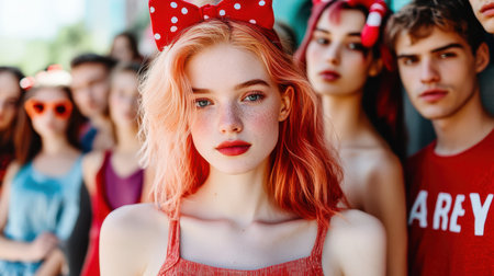 A blonde woman with striking red hair and a red bow stands confidently in front of a diverse group of people, showcasing a vibrant and lively atmosphere.の素材