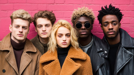 A blond-haired woman in a stylish brown coat stands confidently among four men, showcasing a moment of camaraderie and diverse fashion.の素材