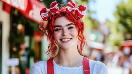 A cheerful woman with vibrant red hair and red suspenders stands in front of a store, exuding confidence and joy in her appearance.の素材