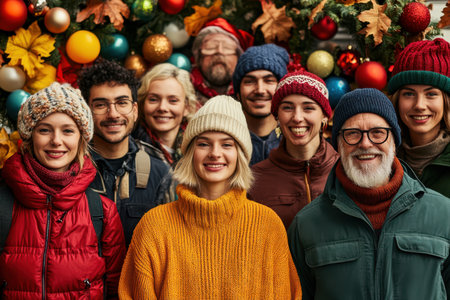 A diverse group of people gathers joyfully in front of a beautifully decorated Christmas tree, celebrating the festive season together.の素材
