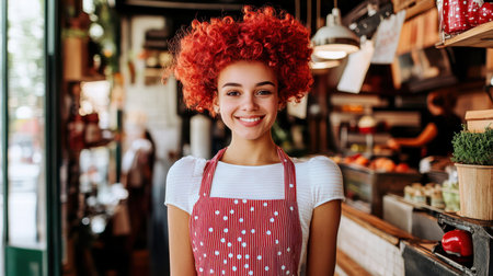 A cheerful woman with red hair and an apron smiles in a retail store, showcasing her friendly demeanor and inviting atmosphere.の素材