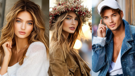A portrait of a man and woman wearing flower crowns, symbolizing beauty and nature, showcasing vibrant colors and a serene atmosphere.の素材