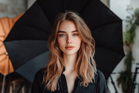 Arafed woman with long hair wearing a black shirt, gracefully holding an umbrella against a serene background, showcasing elegance and style.の素材