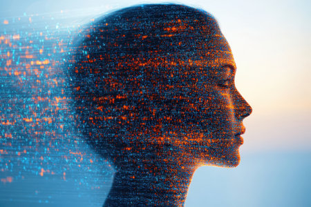 A stylized profile of a woman set against a vibrant digital backdrop, showcasing a blend of technology and artistic expression.の素材