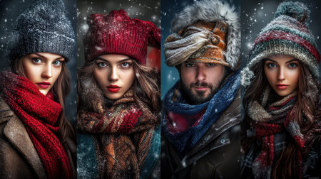 Three individuals dressed in winter hats and scarves enjoy a snowy landscape, showcasing the beauty of winter attire and seasonal joy.の素材