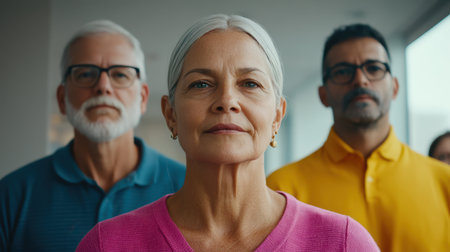 Three individuals stand in a line, with one woman engaging directly with the camera, creating a moment of connection and focus.の素材