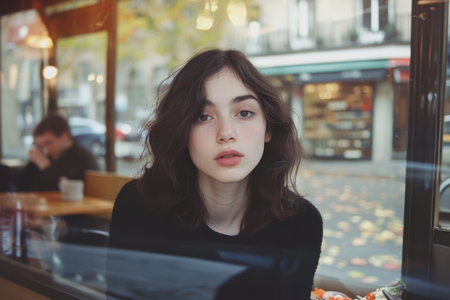A woman sits at a table, enjoying a meal from a plate, surrounded by a warm and inviting atmosphere.の素材