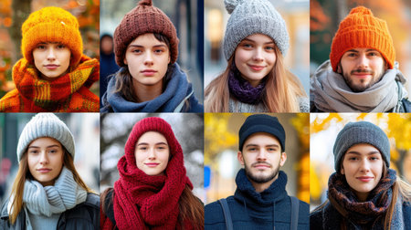 A vibrant gathering of individuals adorned in colorful hats and scarves, showcasing a festive atmosphere and diverse styles in a communal setting.の素材
