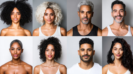 Diverse group of individuals showcasing a variety of unique hairstyles, highlighting personal expression and cultural differences in hair fashion.の素材